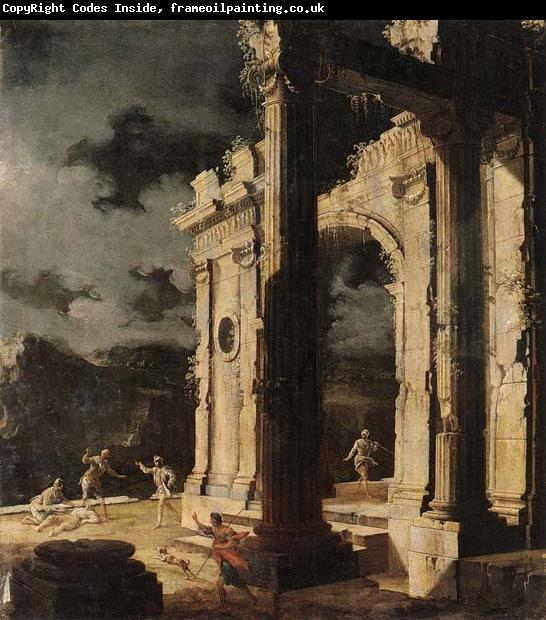 Leonardo Coccorante An architectural capriccio with figures amongst ruins,under a stormy night sky